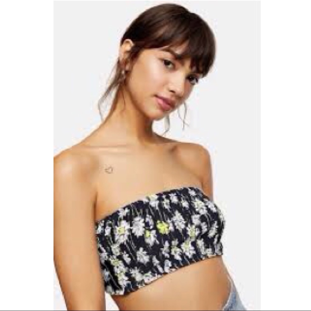NEW Topshop Shirred Flower Bandeau Top W/ Back Tie Summer Beach Vacation Boho